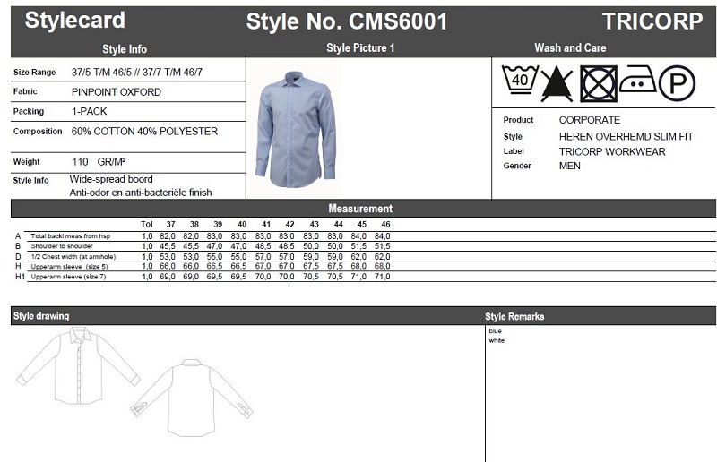 Maattabel voor Overhemd Slim Fit Tricorp CMS6001